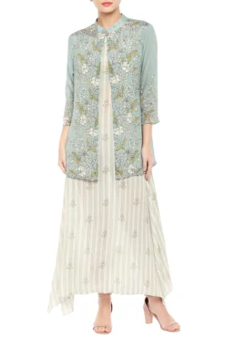Soup By Sougat Paul Beige & Blue Printed Dress With Jacket
