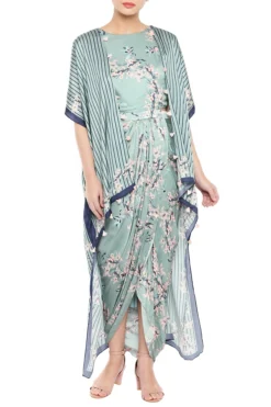 Soup By Sougat Paul Blue & Pink Printed Drape Dress With Long Cape