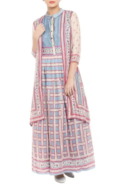 Soup By Sougat Paul Pink & Blue Printed Maxi Dress With Long Jacket