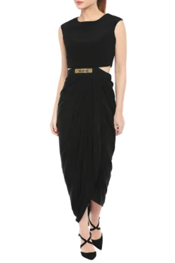 Soup By Sougat Paul Black Drape Dress With White Embroidered Cape Jacket & Belt -AOZA Wear Style Shop SBSP061941 3