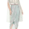Soup By Sougat Paul Beige Embroidered & Printed Short Jacket With Blue Drape Dress