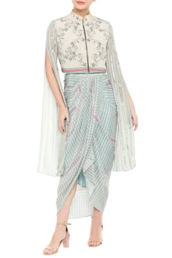 Soup By Sougat Paul Beige Embroidered & Printed Short Jacket With Blue Drape Dress