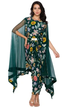 Soup By Sougat Paul Bottle Green Draped Dress With Cape