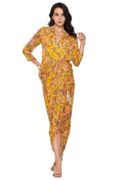 Soup By Sougat Paul Yellow Printed Overlay Draped Dress