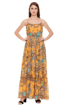 Soup By Sougat Paul Mustard Yellow & Beige Gathered Dress With Dupatta -AOZA Wear Style Shop SBSP072012 3