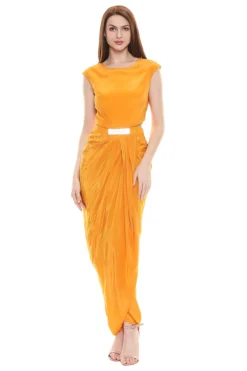 Soup By Sougat Paul Mustard Draped Dress With Embroidered Jacket -AOZA Wear Style Shop SBSP072023 3
