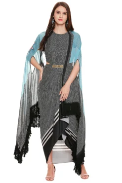Soup By Sougat Paul Black & Aqua Blue Draped Dress With Jacket