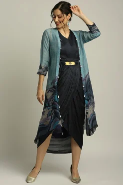 Soup By Sougat Paul Navy Blue Printed Drape Dress