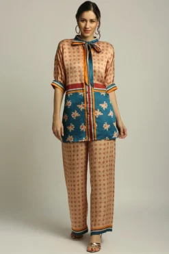 Soup By Sougat Paul Peach & Teal Blue Satin Printed Dress