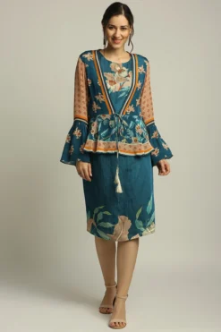 Soup By Sougat Paul Teal Blue & Peach Crepe Jacket Dress