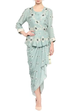 Soup By Sougat Paul Blue Draped Dress With Embellished Peplum Jacket