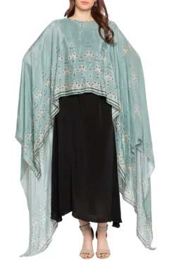 Soup By Sougat Paul Sea Green Printed Cape With Black Maxi Dress