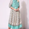 Soup By Sougat Paul Off White & Sea Green Printed Gathered Dress With Jacket