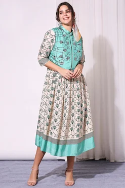 Soup By Sougat Paul Off White & Sea Green Printed Gathered Dress With Jacket