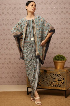 Soup By Sougat Paul Blue Embroidered Dress With Cape