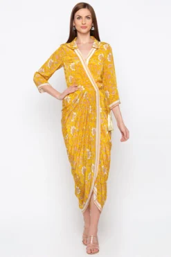 Soup By Sougat Paul Yellow Embroidered Printed Wrap Dress