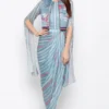 Soup By Sougat Paul Blue Printed Draped Dress With Embroidered Jacket