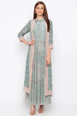 Soup By Sougat Paul Teal Green & Beige Pleated Dress With Embroidered Jacket