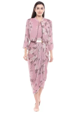 Soup By Sougat Paul Pink Floral Printed Draped Dress With Jacket