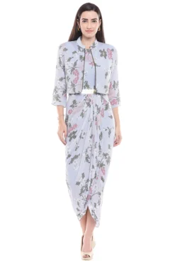 Soup By Sougat Paul Blue Floral Printed Draped Dress With Jacket