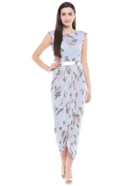 Soup By Sougat Paul Blue Floral Printed Draped Dress With Jacket -AOZA Wear Style Shop SBSP121944 3