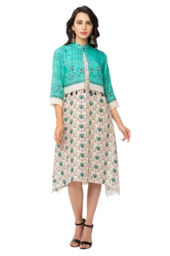 Soup By Sougat Paul Off White Printed Dress With Green Jacket
