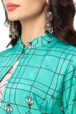 Soup By Sougat Paul Off White Printed Dress With Green Jacket -AOZA Wear Style Shop SBSP122010 3