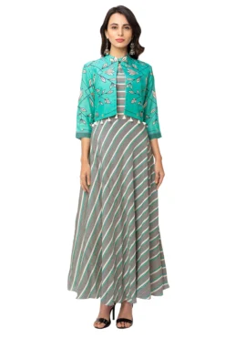 Soup By Sougat Paul Green Dress With White Printed Jacket
