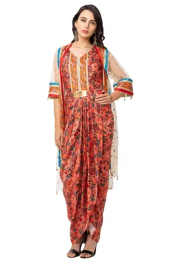 Soup By Sougat Paul Red Saree Dress With White Net Jacket