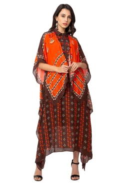 Soup By Sougat Paul Rust Orange Dress With Coffee Brown Kaftan Jacket