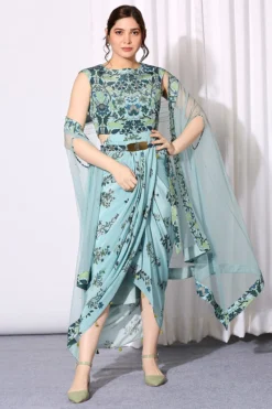 Soup By Sougat Paul Aqua Blue Draped Jacket Dress