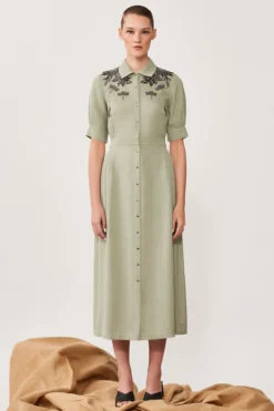 Shahin Mannan Sage Green Embroidered Midi Dress