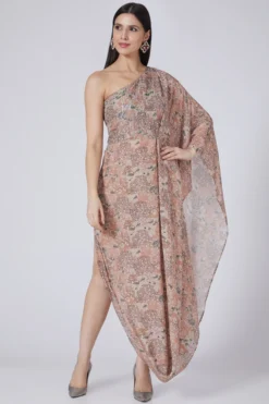 17:17 Beige Digital Printed Draped Dress