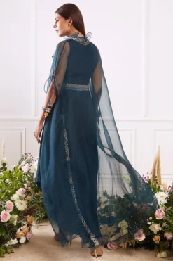 Seema Thukral Teal Green Pleated Dress With Cape Jacket -AOZA Wear Style Shop STHC092102 2