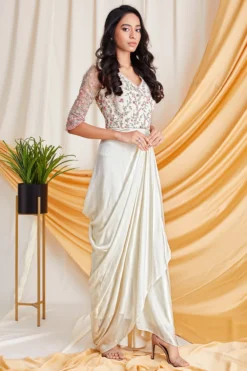 Stotram Cream Sequins Embroidered Dress