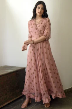 TARO Peach Floral Printed Overlapped Dress