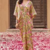 Tasha India Yellow Modal Satin Handblock Printed & Embroidered Kaftan Dress