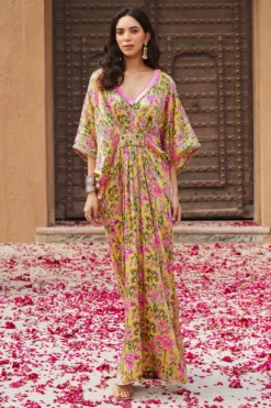 Tasha India Yellow Modal Satin Handblock Printed & Embroidered Kaftan Dress