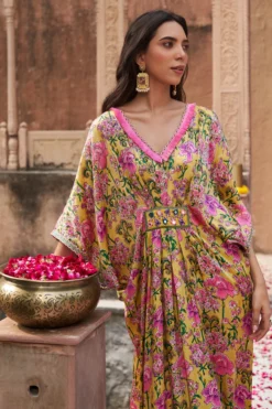 Tasha India Yellow Modal Satin Handblock Printed & Embroidered Kaftan Dress -AOZA Wear Style Shop TASHA062310 3