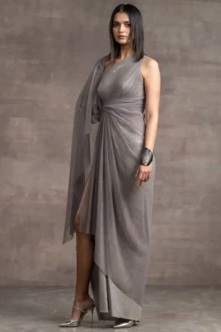 Tarun Tahiliani Oyster-Shaded Foil Jersey Maxi Dress