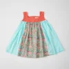 THE COTTON STAPLE Mint & Peach Hand Block Printed Paneled Dress For Girls