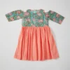 THE COTTON STAPLE Peach & Mint Hand Block Printed Cold Shoulder Dress For Girls