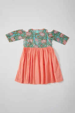 THE COTTON STAPLE Peach & Mint Hand Block Printed Cold Shoulder Dress For Girls