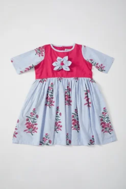 THE COTTON STAPLE Powder Blue Hand Block Printed Dress For Girls