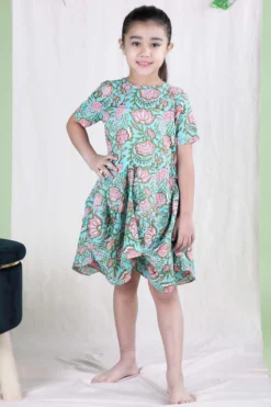 THE COTTON STAPLE Mint Hand Block Printed Cowl Dress For Girls
