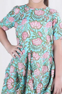 THE COTTON STAPLE Mint Hand Block Printed Cowl Dress For Girls -AOZA Wear Style Shop TCST022230 3