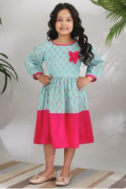 THE COTTON STAPLE Fuchsia & Min Printed Dress For Girls