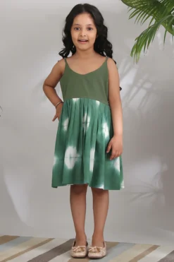 THE COTTON STAPLE Sage Green Shibori Dress For Girls