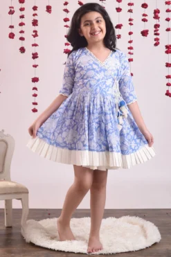 THE COTTON STAPLE Light Cobalt Blue & White Printed Wrap Dress For Girls