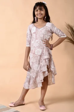 THE COTTON STAPLE Beige & White Floral Printed Dress For Girls